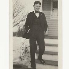 Antique Snapshot Photo Identified Dapper Man Wearing Suit Bow Tie Snow picture