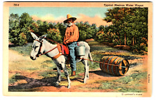 Postcard Linen Typical Mexican Water Wagon Man Riding Mule Dragging a Barrel picture