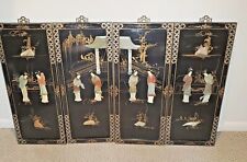 Vintage 4 Asian Oriental BLACK Lacquer Mother of Pearl Wall Panels 24H x 10W picture