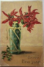 A Happy New Year, Early 1900s Vintage Holiday Greeting Poinsettia Postcard picture