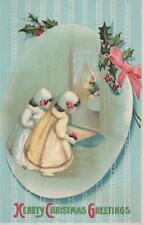 Postcard Little Girls Looking Out Window Hearty Christmas Greetings  picture