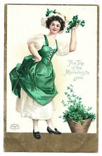Vintage Old 1909 Art Postcard of Irish Lass Girl Growing 4 Four Leaf Clovers 🍀  picture