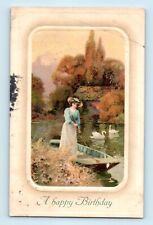 A Happy Birthday Victorian Lady Swans on Lake Boat Paddling Postcard C3 picture