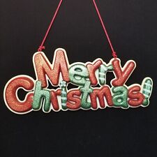 Vintage Merry Christmas Sign Glitter Plastic Hanging 15