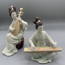 2 Chinese Celadon Porcelain Figurines Women Playing Pluck Pipa Qin Zither VTG picture