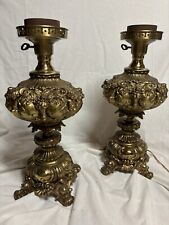 Antique Hollywood Regency Neoclassical Brass Cherub Banquet Lamps 18” High Pair picture