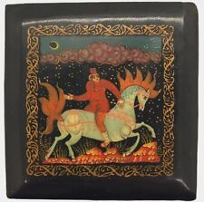 Vintage Hand Painted Horse Russian Lacquered Small Hinged Trinket Dresser Box picture