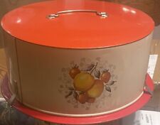 Vintage Cake Carrier Metal DECOWARE Painted Red Ivory with Fruit Flowers picture