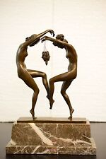 SIGNED bronze sculpture two ladies dancing w/ masks Statue picture
