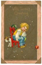 Ellen Clapsaddle 1900s Postcard Love's Greeting Child Dog Embossed Antique VTG picture