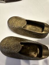 2 Vintage Etched Brass Shoe/Slippers Ashtray Cigarette Holder Made in India 4” picture