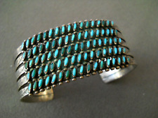 OLD Native American Needle Point Turquoise Cluster Row Sterling Silver Bracelet picture