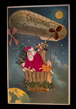 SILK~SANTA CLAUS in HOT AIR BALLOON~BLIMP~ Zeppelin~Toys~Christmas Postcard~h995 picture
