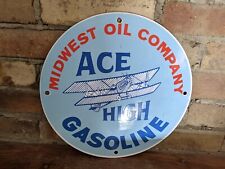 VINTAGE ACE HIGH ASOLINE PORCELAIN GAS PUMP SIGN MIDWEST OIL CO. 12