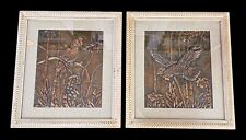 Mid Century 1960s Parrot Copper Relief Pictures Rattan Tiki Pair Matted Framed picture