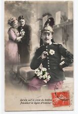 RPPC Hand Tinted Soldier Uniform Couple Studio Posed Hat Plumes PU WOB 1913 A226 picture