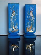 ** RARE ** Stunning Antique Blue ART GLASS Vase Pair, Handpainted, 11