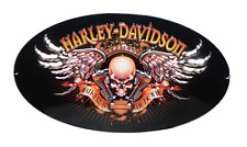 Harley Davidson Metal Sign Biker To The Bone Skull Oval Tin Ande Rooney Garage picture