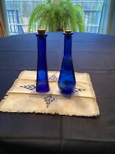 Vtg. Cobalt Blue Glass Bottles Lot Of 2 - 1 Round & 1 Square W/Corks Each 7”Tall picture