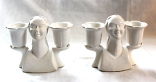 Pair Antique 1940s Art Deco Woman Head Double Candleholders White Ceramic Japan picture