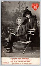 Leap Year~Lady Looks @ Man on Bench with Newspaper~1908 Vintage Postcard picture