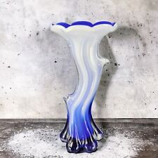 Vintage Art Glass Vase White Cobalt Blue Flower Tree Shaped Vase Vessel Cased picture