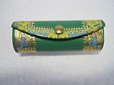 Vintage Fiocchi Italy Leather Lipstick Case Holder Mirror Green Gold Blue Great picture