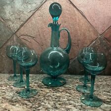 Vintage Hungarian Glass Carafe With 6 Wine Liquor Glasses Teal Green Aqua picture