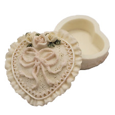 Dezine Hand Painted Resin Heart Doily Rose Trinket Pill Box Vintage Signed 1995 picture