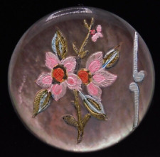 Antique Hand Painted Pearl Shell VICTORIAN Flowers Button NICE 1&3/16 picture