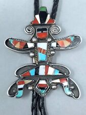 Native American Zuni MultiStone Knifewing Inlay Sterling Silver Bolo Tie 2.3/4