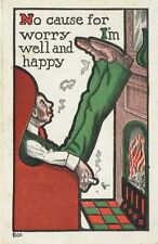I'm Well And Happy ~ Comic Man Smoking Fireplace BOO EBE co. ~ Antique Postcard picture