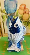 Vintage Chinese Koi Fish Vase, Blue & White, 9” picture