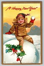 Postcard Tucks Happy New Year Frances Brundage Girl Snowball Winter Holly picture