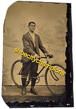 TINTYPE PORTRAIT in STUDIO-HANDSOME YOUNG MAN w/ BICYCLE-6th PLATE-c1890-UNCASED picture