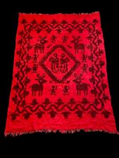 Vintage Folk Art Fringe Wool Blanket Aztec Southwestern Red Deer People 59”X82” picture