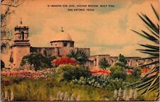 Historic San Jose Christian Mission San Antonio Texas Flowers Linen Postcard picture