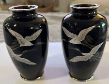 Pair 2 Vintage Sato Marked Japanese Cloisonné Black with White Crane Vases 4.75” picture