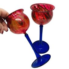 Iridized Blown Glass Tea Light Holders Bimini/Loetz Style Set/2 Cobalt Blue/Red picture