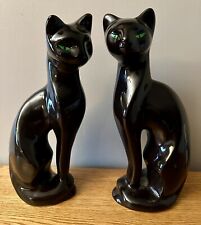 Pair Of Vintage Artmark Ceramic Sleek Black Cats Slant Green Eyes MCM picture