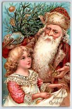 Postcard Gorgeous Gold Gilt Red Santa Claus Child Tree Merry Christmas c1910 S31 picture