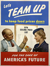 Let's Team Up To Keep Food Prices Down Original Vintage WWll Poster picture