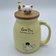 Ceramic Cat Coffee Mug Wood Lid W/ Fish Stainless Spoon Cat Lover Christmas Gift picture