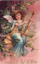 Antique New Year Victorian Girl Angel Cherub Harp Anemone 1910s Vtg Postcard Q10 picture