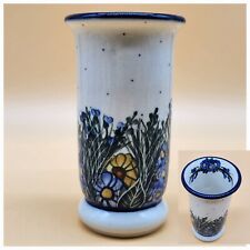 Vintage UNIKAT Hand Made in Poland Blue Yellow Flower Design Vase Planter picture