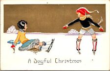 c1910's Christmas Girls Winter Ice Skating Embossed Unposted Antique Postcard a4 picture