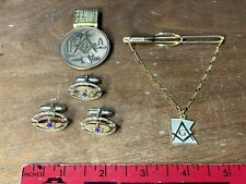 Vintage Masonic Cufflinks & Tie Bar Clip Mason Freemasons G Compass Money Clip picture
