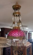 SUPERB Antique Ornate Brass Hanging Parlor Library Lamp Hobnail Cranberry  picture