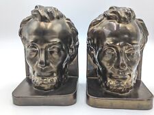 Vintage Abe Lincoln Bookends Ceramic Painted Shiny Bronze  Large Face Set Of 2 picture