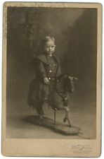 CIRCA 1890'S RARE CABINET CARD Adorable Little Child Toy Horse Keim Brooklyn NY picture